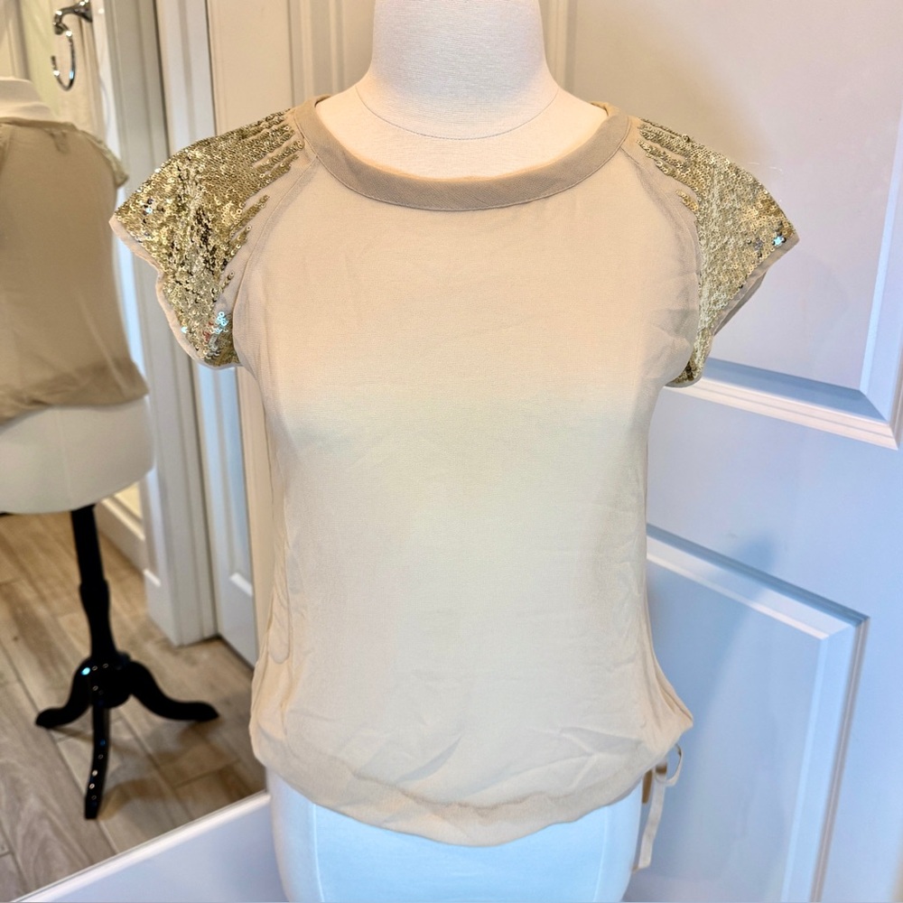 Sheer Beige Sequin Cap Sleeve Top, Size M, Party Feminine Sparkly Whimsical